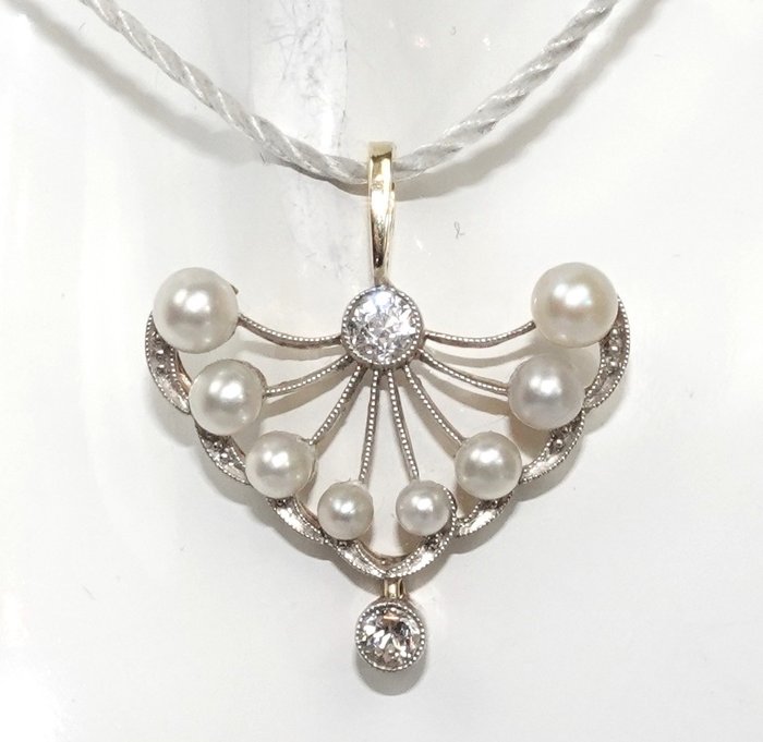 Image 3 of 14 kt. White gold, Yellow gold - Pendant - 0.14 ct Diamonds - Pearls