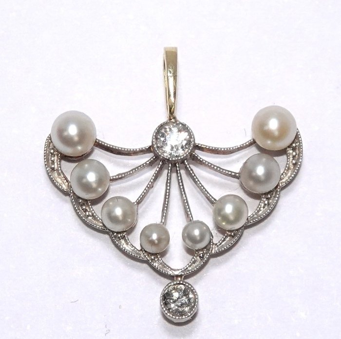 Image 2 of 14 kt. White gold, Yellow gold - Pendant - 0.14 ct Diamonds - Pearls