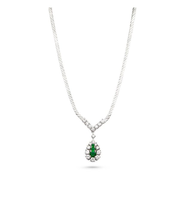 Preview of the first image of 18 kt. Gold, White gold - Necklace, Necklace with pendant - 0.28 ct Emerald - Diamonds.