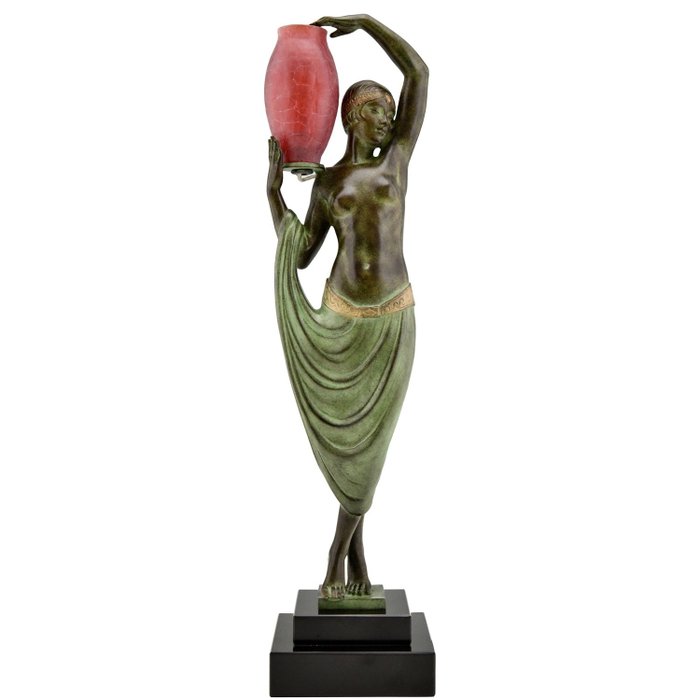 Fayral (Pierre Le Faguays) – Max Le Verrier – Lamp Art Deco stijl staand naakt met vaas