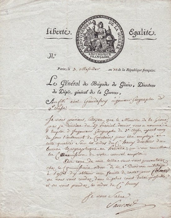 Général d'Empire Sanson - Directeur du Depot général de la guerre - Lettre signée de nomination destiné à un ingénieur géographe - 1803