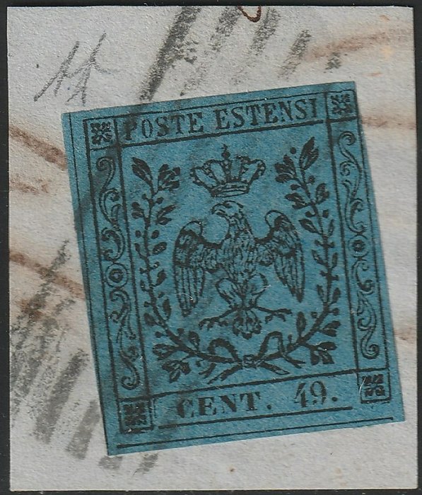 Preview of the first image of Italian Ancient States - Modena 1852 - 40 c. dark azure, variety CENT. 49. (9 instead of 0) used on.