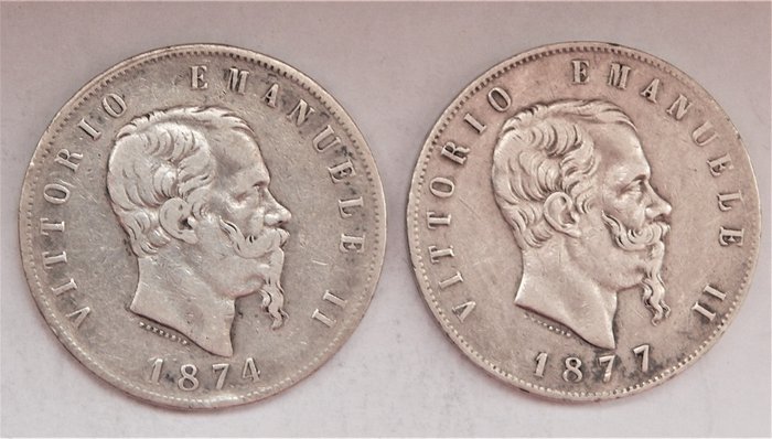 Italië, Koninkrijk Italië. Vittorio Emanuele II di Savoia (1861-1878). 5 Lire (2 pezzi) 1874-M + 1877-R