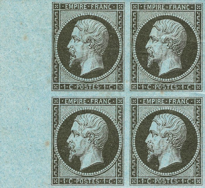 France 1860 - French Empire imperforate 1 cent olive very nice shade sheet edge block of 4 - Yvert et Tellier n°11
