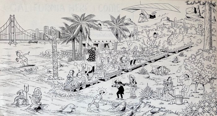 Paul Geerts / Studio Vandersteen - Super grote originele tekening - Suske en Wiske - California here i come - (1987)