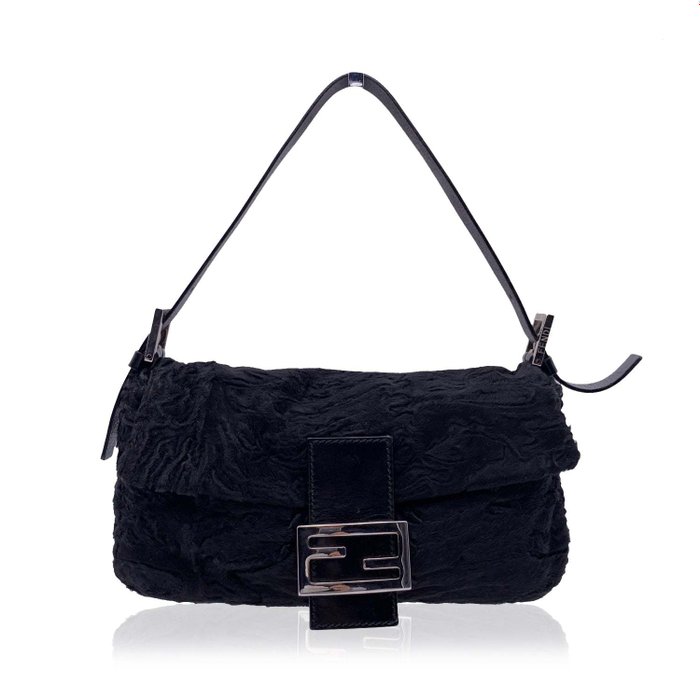 Fendi - Black Lamb Fur and Leather Baguette Handbag - Borsa a spalla