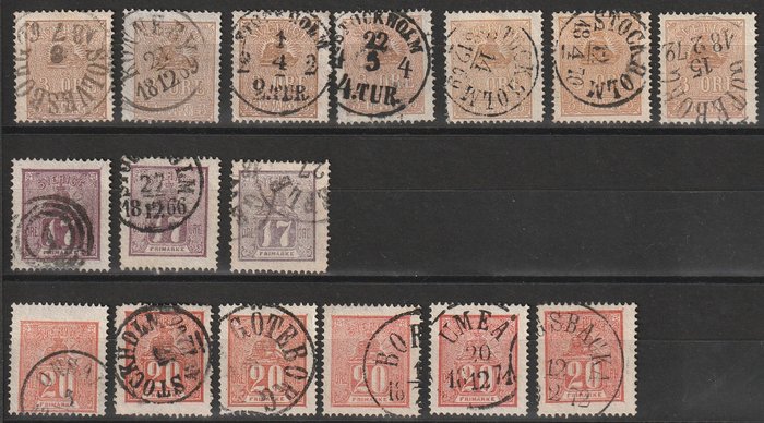 Schweden 1862/1866 - Postage stamps including no. 15a with Danish numeral cancellation - Michel 14-16