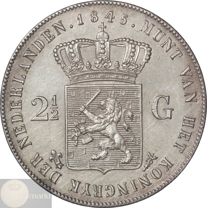 Netherlands. Willem II. 2 1/2 Gulden 1845 muntmeesterteken lelie