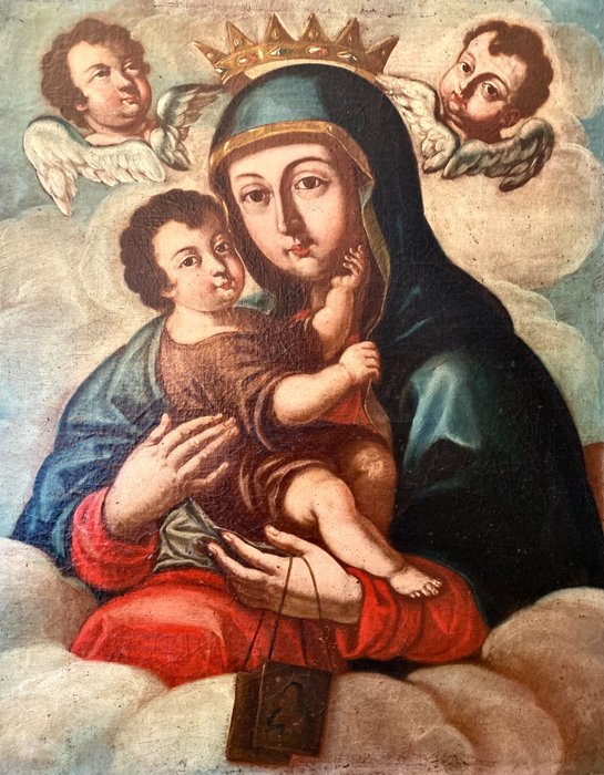 Antico Dipinto del ‘600 - “ Madonna del Carmelo “  Importante opera di scuola Napoletana (1) - olio su tela - Seconda metà del 17° secolo