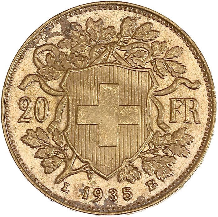 Switzerland. 20 Francs 1935-LB Vreneli