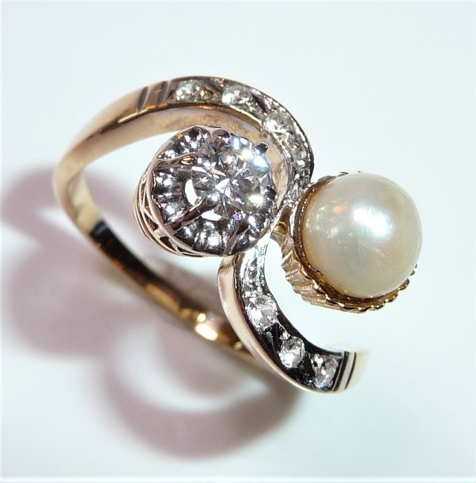 Image 2 of 18 kt. Yellow gold - Ring - 0.27 ct Diamond - pearl + small spinels