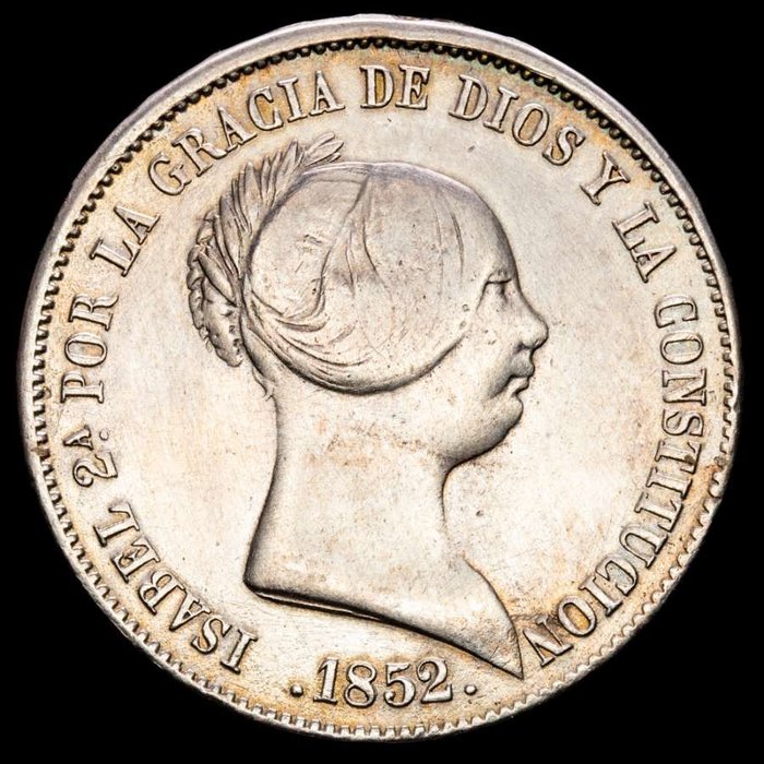 Spain. Isabel II (1833-1868). 20 Reales - Sevilla - 1852 sobre 7 muy rara sobrefecha!