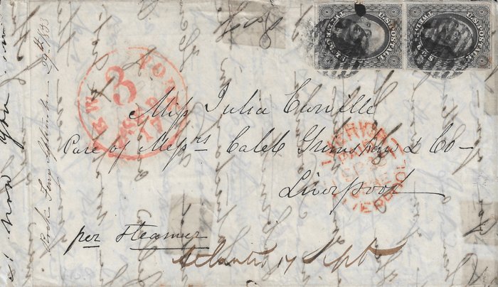 Noord Amerika 1851/1856 - United States of America, general issue 12 cents grey black pair on letter - Yvert et Tellier n°8