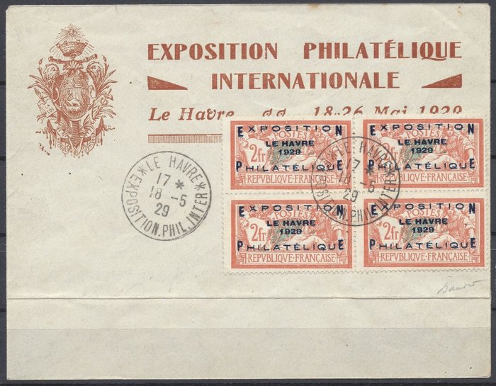 France - Bloc de 4 du N°257A Exposition du Havre 1929 sur lettre signée Baudot Rare et Sup.