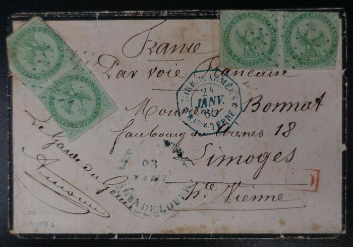 Guadeloupe - Letter with “cor. d’armées / les saintes” date stamp. Value: €3500. Rare.