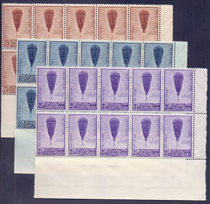 Belgien 1932 - Piccard Balloon: series in sheet parts of ten with the overprint ‘Atelier du timbre Zegelfabriek’ - OBP/COB 353/355 - GECENTREERD