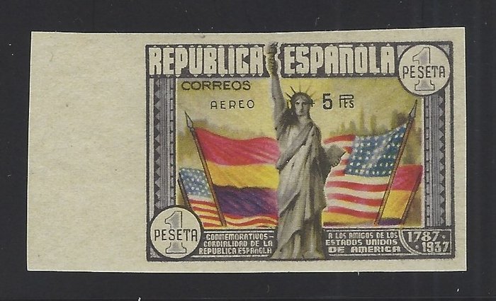 Spanje 1938 - USA Constitution ‘Aéreo + 5 Pts’ imperforated stamp. No Reserve Price. - Edifil nº 765s
