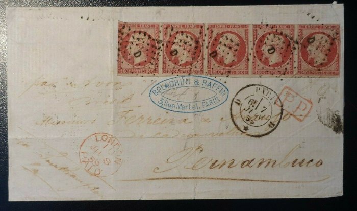 France - Napoleon, No. 17a, strip of 5 on letter from Office D in Paris bound for Pernambuco, Brazil.