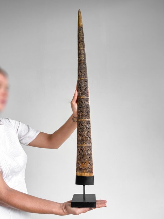 Una splendida zanna di pesce spada intagliata a mano extra large con supporto personalizzato: Maori - Osso, Xiphias Gladius - Specie non CITES - Indonesia 
