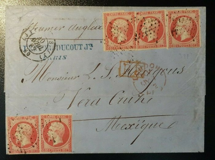 France - Letter for VERA CRUZ, Napoleon N°17a x5 with date postmark Paris office ‘J’, rare and extremely fine
