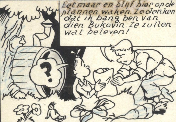 Vandersteen, Willy -  De avonturen van Rikki en Wiske - Originele pagina + geschetste strook op achterzijde - (1945)