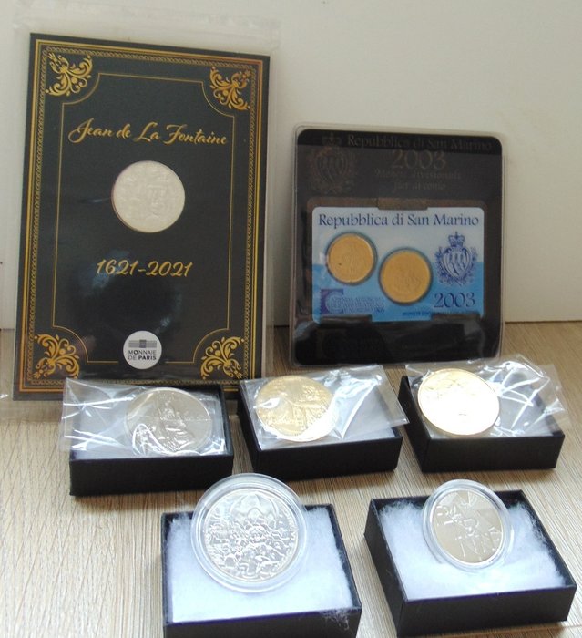 Francia, San Marino. 10 Euro / 5 Euro / 1/4 Euro / Token 2003/2021 (7 items) including 10 euro 2018 silver coin Mickey and Mont Saint Michel