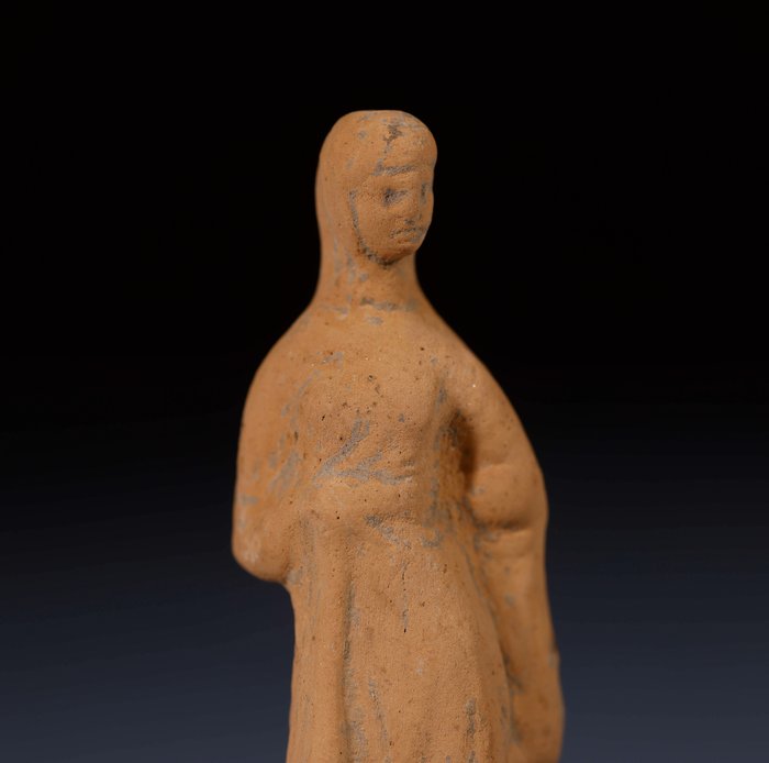 Antico Greco Terracotta Figura di statua femminile drappeggiata con velo - (11×3.5×4 cm)