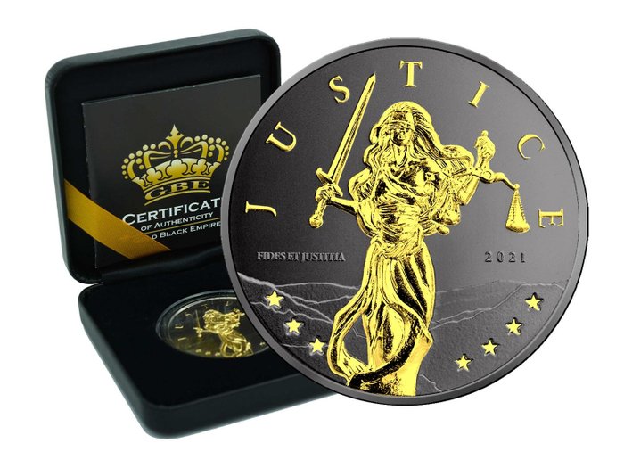 Gibraltar (Britisches Überseegebiet). 2 Pounds 2021 Gibraltar Lady Justice Gold Black Empire Edition in Box - 1 Oz