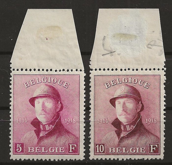 Belgium 1919 - Albert I with helmet - 5F and 10F - with sheet edge and centring - OBP/COB 177/78
