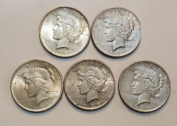 USA. Peace Dollar 1922 + 1923 + 1924 + 1925 + 1926 (5 coins)