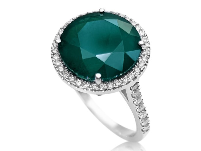 IGI 7.61 Carat Round Emerald And 0.55 Ct Diamonds Halo - 18 carati Oro bianco - Anello