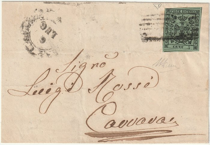 Italian Ancient States - Modena 1857 - 5 c. olive green with dot after CENT close to 5 on cover from Massa to Carrara, very rare and - Sassone n.8c