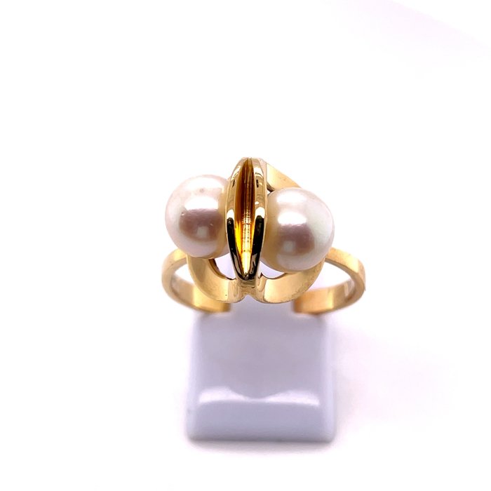 Image 2 of 2 x Pearl 7,70mmØ Unique Work - 18 kt. Freshwater pearl, Gold, Natural pearl, Yellow gold - Ring Fr