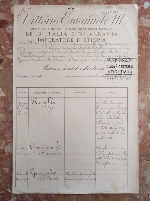 義大利 - 維托里奧·埃馬努埃萊三世國王和里卡迪海軍上將的親筆簽名令，多項任命 - 1941