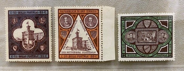San Marino 1894 - 25 c. + 50 c. + 1 l. Government building, well centred - Sassone N. 23/25