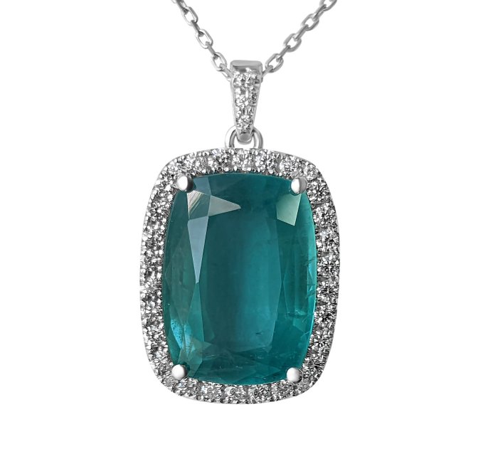 IGI Minor Oil 17.30 Carat Bluish Green Emerald and 1.00 Ct Diamonds - 18 carati Oro bianco - Collana con pendente - NESSUNA RISERVA