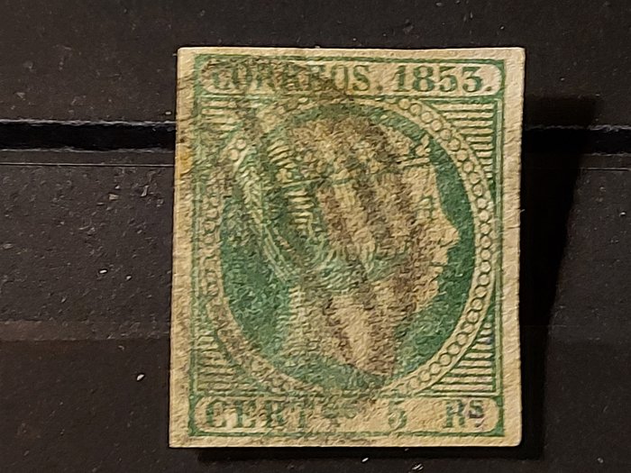 Spagna 1853 - Isabella II. 5 reales green. Great margins. Expertised by J. Schlegel - Edifil 20