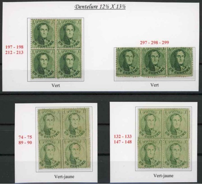 Belgien 1863 - Leopold I Medallion 1c - In blocks and strips in distinguished nuances - OBP 13A