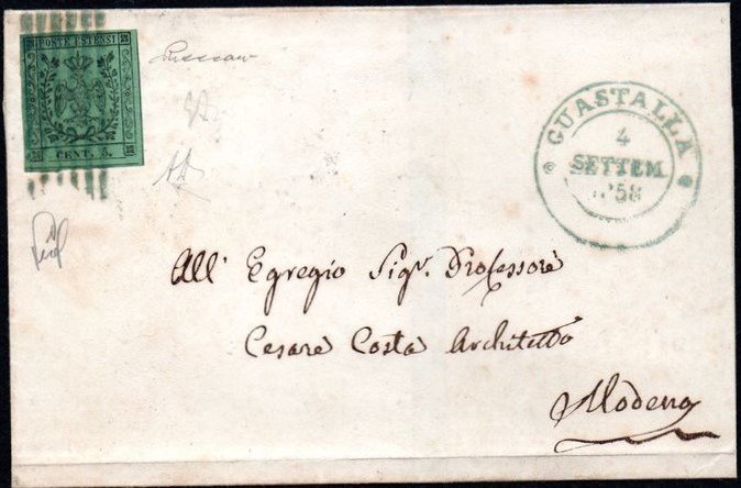 Antichi Stati italiani - Modena 1852 - 5 centesimi, green, with period after digit, curiosity with large period, on letter from Guastalla - Sassone Nr. 8h