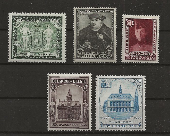 België 1930/1936 - 5 zegels uit blokken - Stadswapen Antwerpen, Korporaal, Tassis, Borgerhout en Charleroi - OBP/COB 301 + 325 + 410 + 436/37