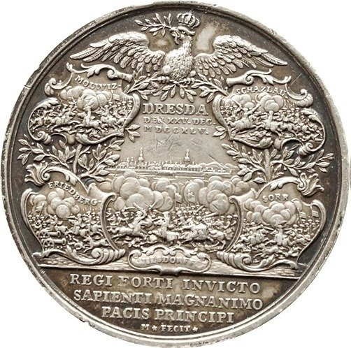 Germania, Prussia. Friedrich II., der Große, (1740-1786). Silbermedaille 1745, von J. Chr. Marmé, auf den Frieden von Dresden.
