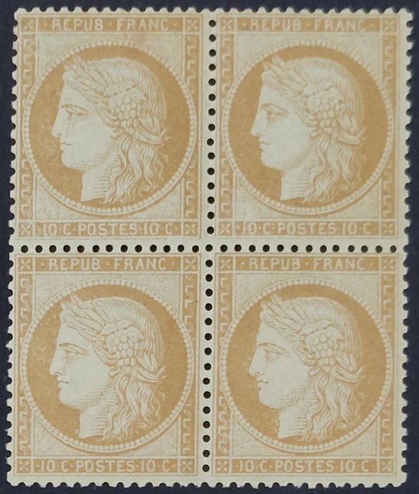 Frankreich 1870 - Ceres, imperforate, 10 centimes bistre-yellow, block of 4 - Yvert 36