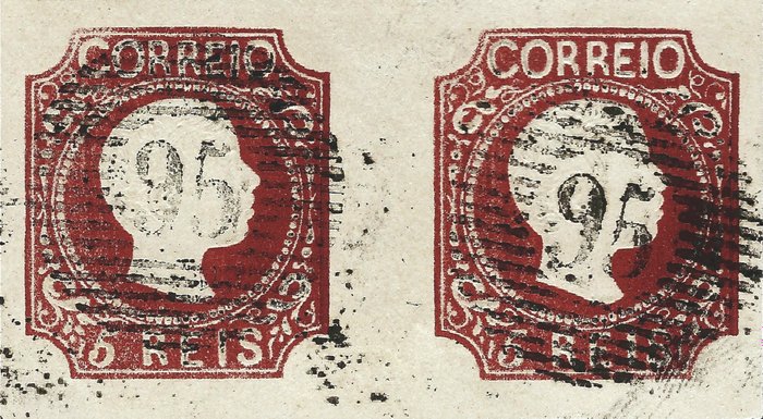 Portugal 1856/1858 - Don Pedro V brun rouge vif foncé cheveux frisés en paire - Mundifil n°10