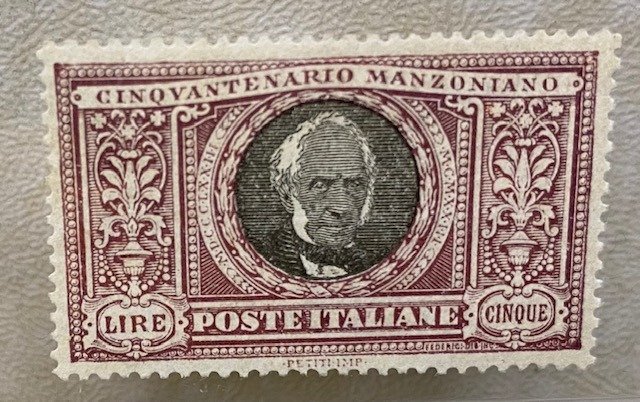 Royaume d’Italie 1923 - Manzoni 5 lire MNH - well centred - Sassone n. 156