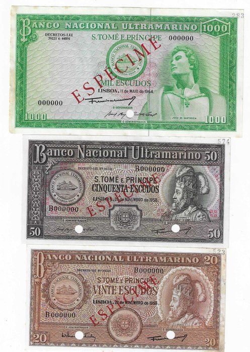 Saint Thomas and Prince - 20, 50, 1000 Escudos 1958/64  - all especime - Pick 36s, 37s and 40s