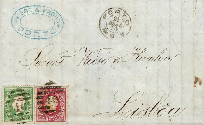 Portugal 1870/1876 - Don Luis I 25 reis rose et 50 reis vert sur lettre - Mundifil n°40+41