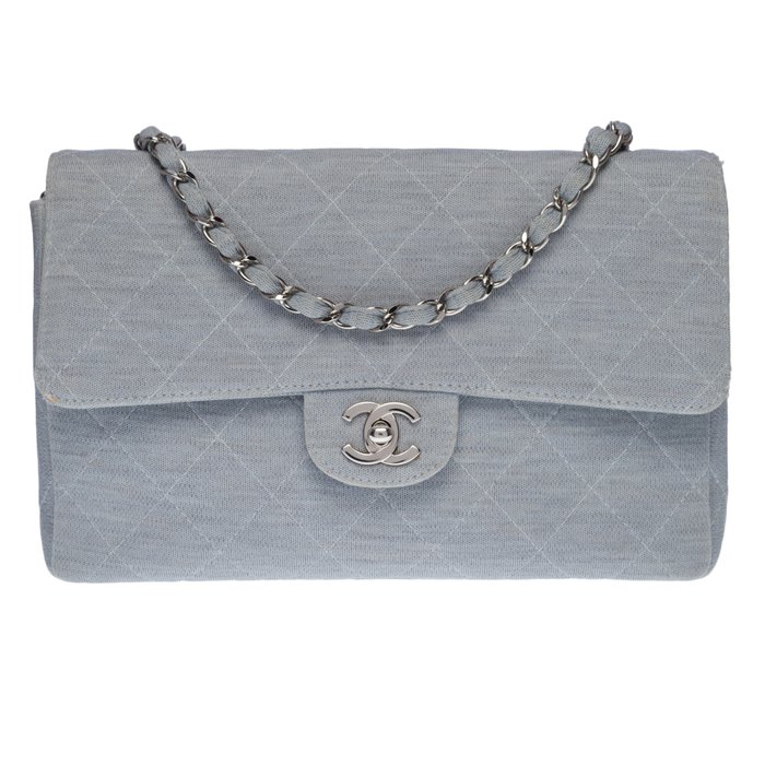 Chanel - Timeless flap bag en jersey matelassé bleu ciel, garniture en métal argenté Borsa a mano