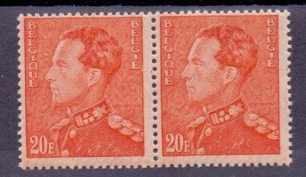 Belgien 1936 - Leopold III 'Poortman' 20F vermillion-red (white gum) - OBP / COB 435B in paar