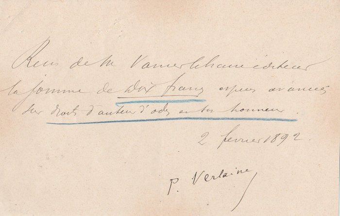 Paul Verlaine - Reçu manuscrit signé par Verlaine - 1892