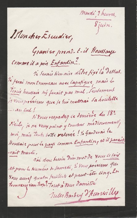 Jules Barbey d'Aurevilly - Lettre autographe signée à propos d'un prochain article à paraître - 1858